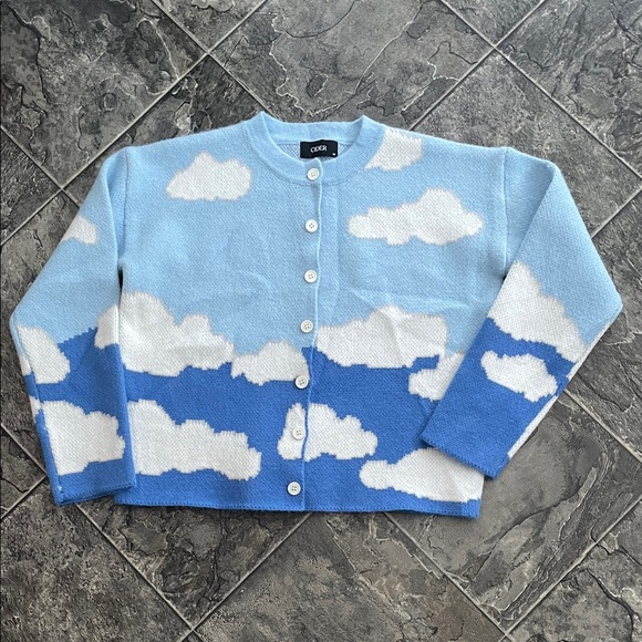 CIDER Sky Blue Cloud Pattern Knit Button Cardigan Coastal Whimsical Cottagecore - Picture 1 of 8